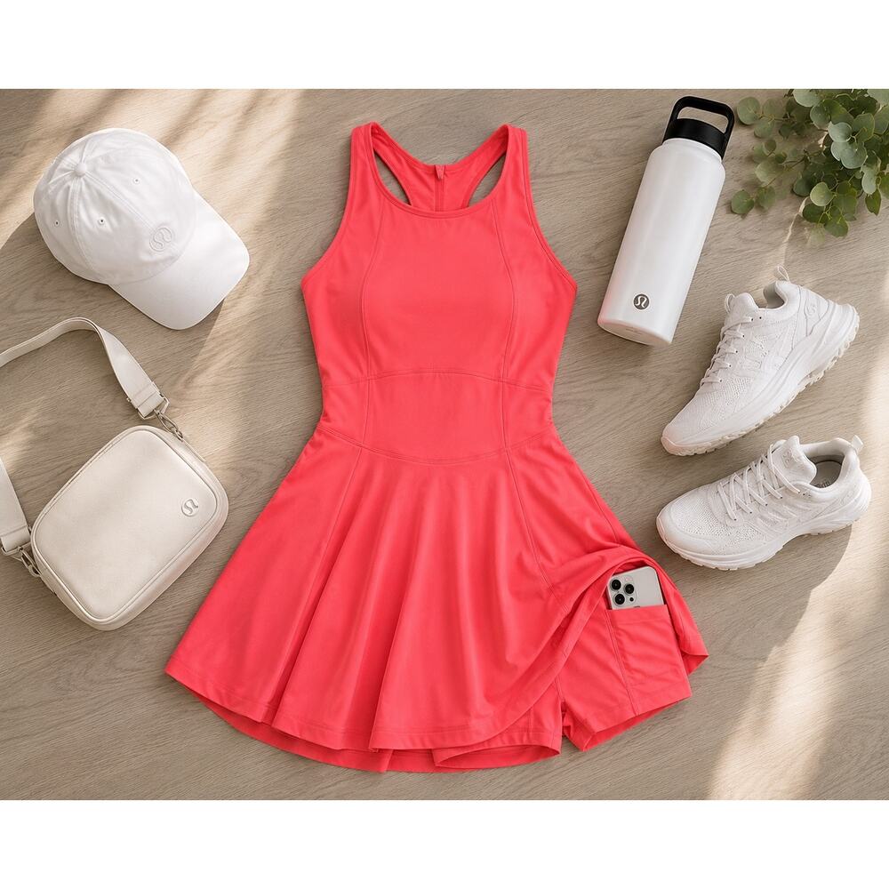 Lululemon Court Rival Dress Coral Pink Size 12 Built-In Shorts Pockets Athletic